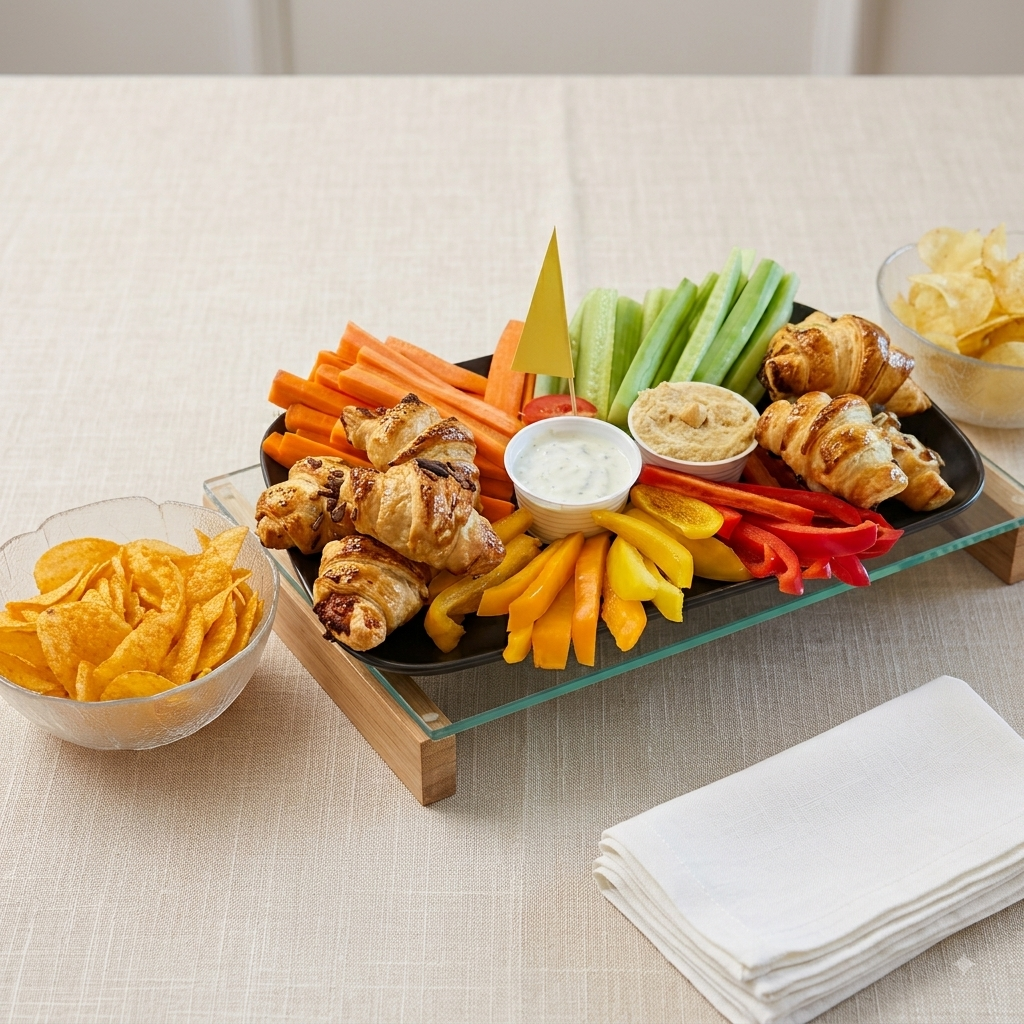 Apéro Variante Apero-Variante: Chips, Gemüsesticks mit Dipp, Schinkengipfeli